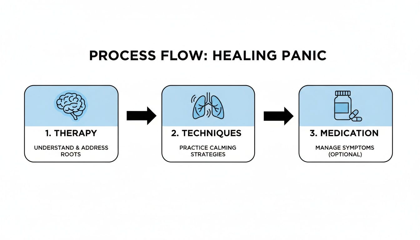 A process flow diagram illustrating three steps for healing panic: therapy, techniques, and optional medication.