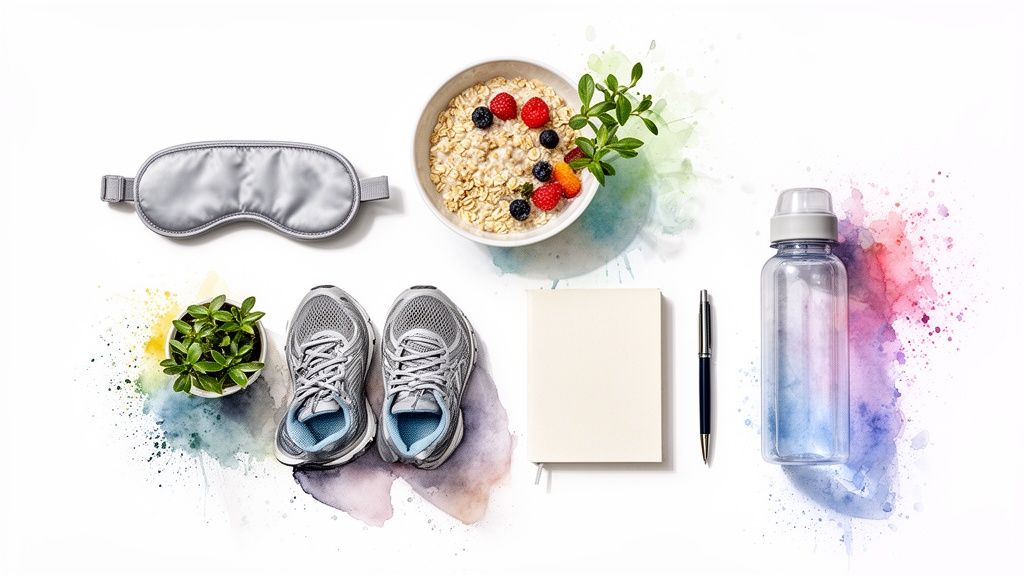 Flat lay of well-being items: sleep mask, oatmeal, water bottle, running shoes, plant, and notebook.