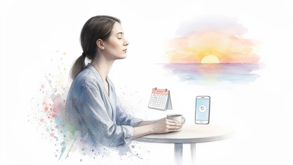 A woman meditating with a coffee cup, calendar, smartphone, and a serene sunrise watercolor.