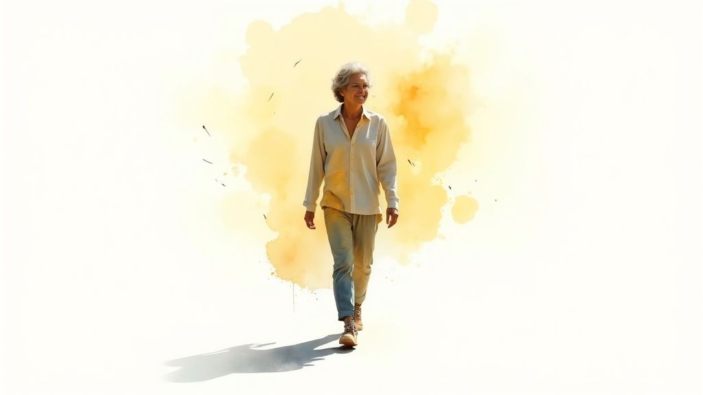 A smiling senior woman with grey hair walks confidently against a vibrant yellow watercolor splash background.