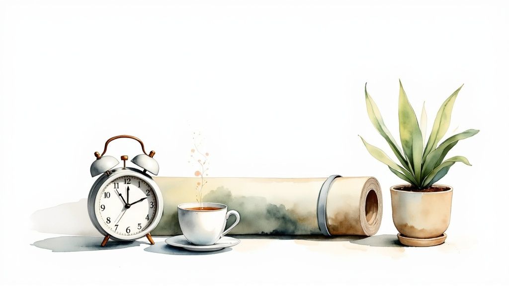 A watercolor illustration of a tranquil morning routine with an alarm clock, coffee, yoga mat, and a plant.