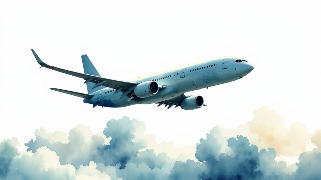 An airplane wing gracefully cutting through a cloudy sky, illustrating flight through different air conditions.
