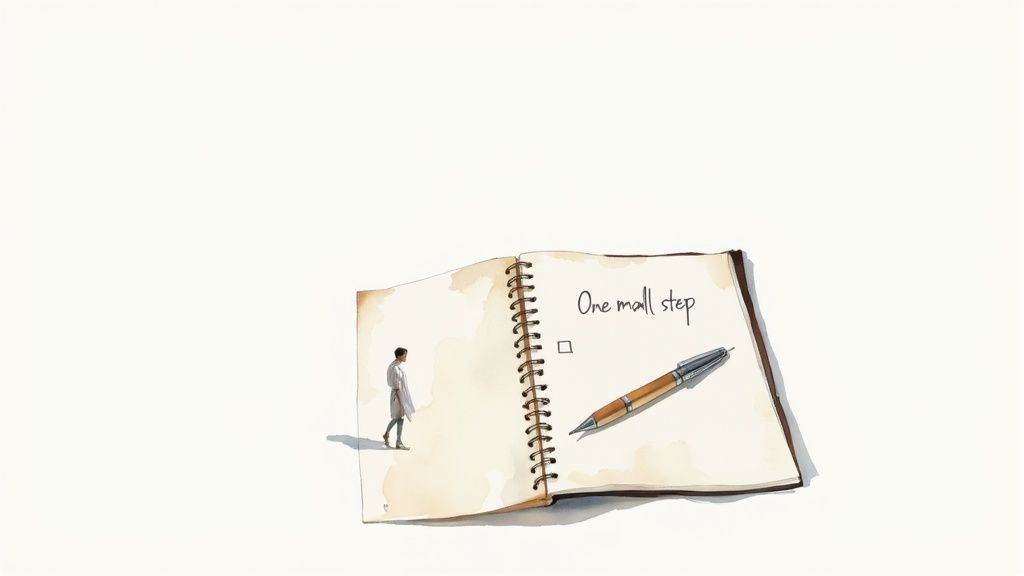A person walking on a notebook with 'One small step' written, a checkbox, and a pen.
