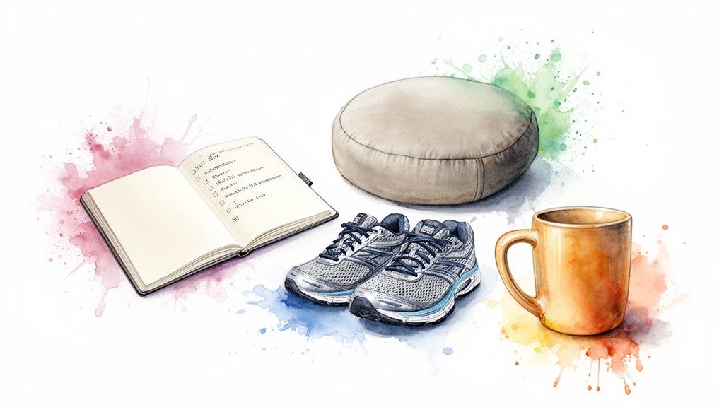 A wellness flat lay with a notebook, meditation cushion, running shoes, and a coffee mug.