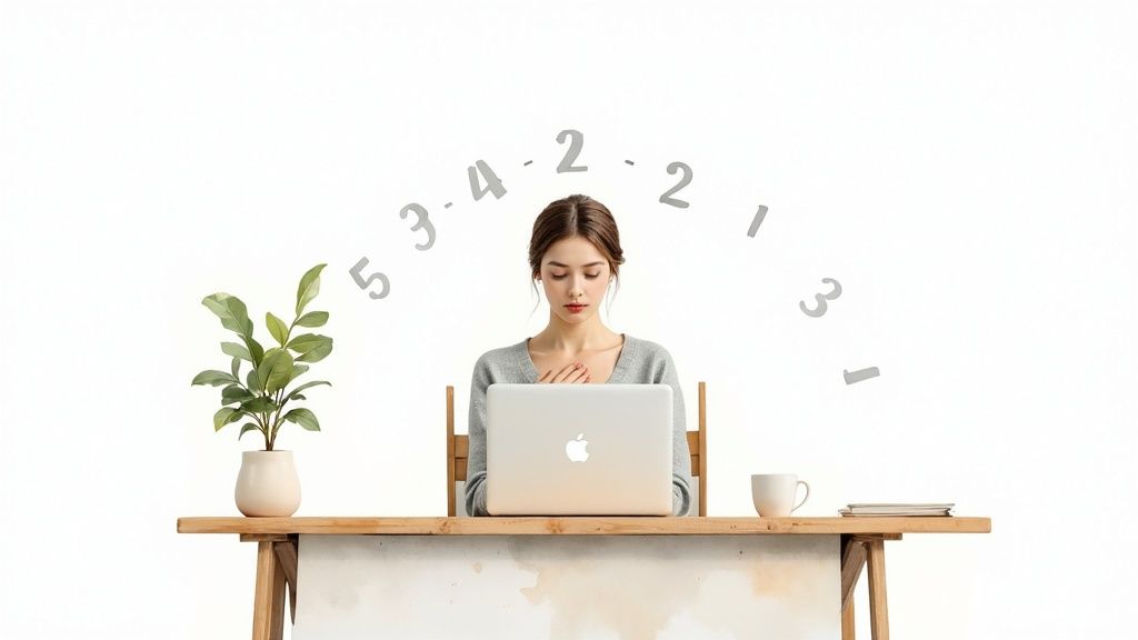 A person at their desk, calmly taking a moment to breathe and recenter.