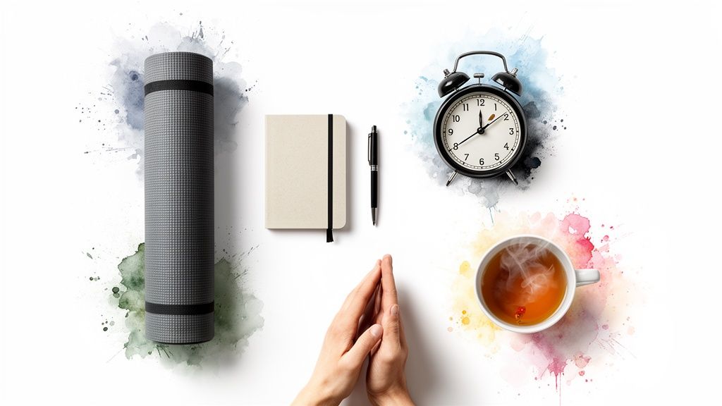 A flat lay of wellness items including a yoga mat, notebook, alarm clock, and tea.