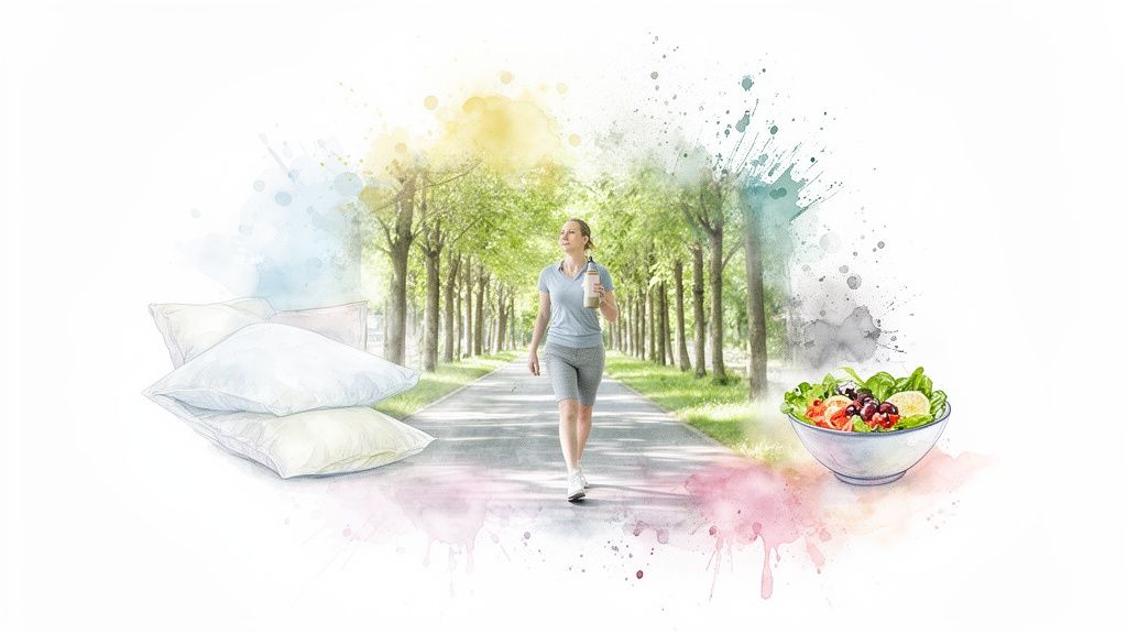 A woman walks on a tree-lined path with pillows and a salad, illustrating a healthy lifestyle.