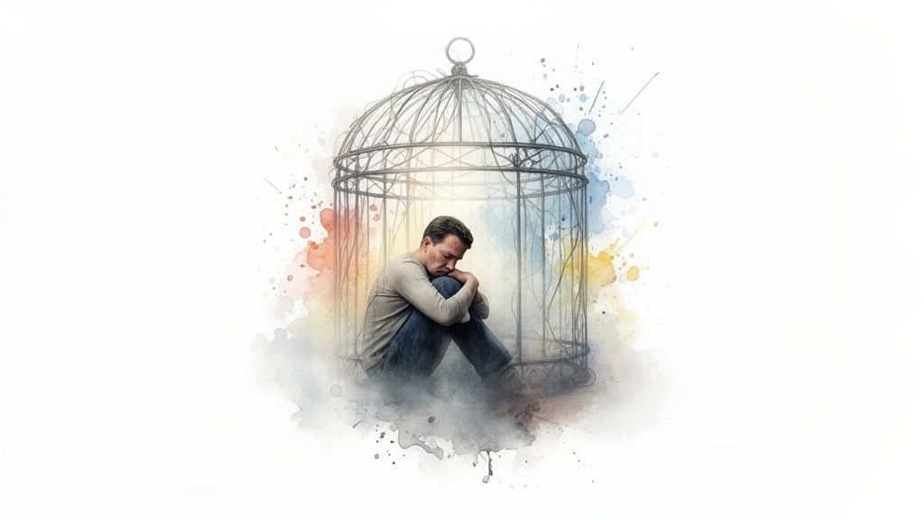 A man sits alone, trapped inside a large birdcage, expressing despair with colorful watercolor splashes.