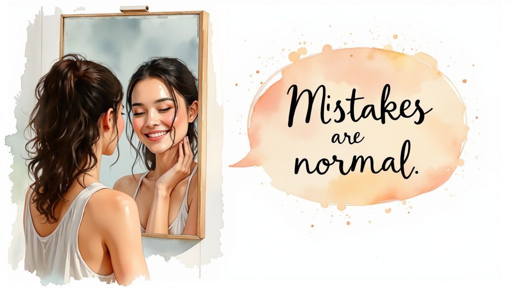 A person looking thoughtfully into a mirror, with a positive, supportive reflection looking back at them.