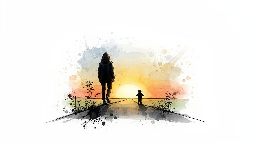 Watercolor illustration of a larger figure walking behind a smaller child on a path towards a bright sunset, surrounded by plants.
