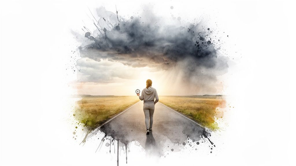 A person walks on a road toward a bright future, holding a clock, amidst watercolor stormy clouds.