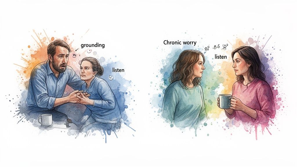 Watercolor illustrations depicting two scenarios of providing support and active listening to individuals experiencing anxiety.