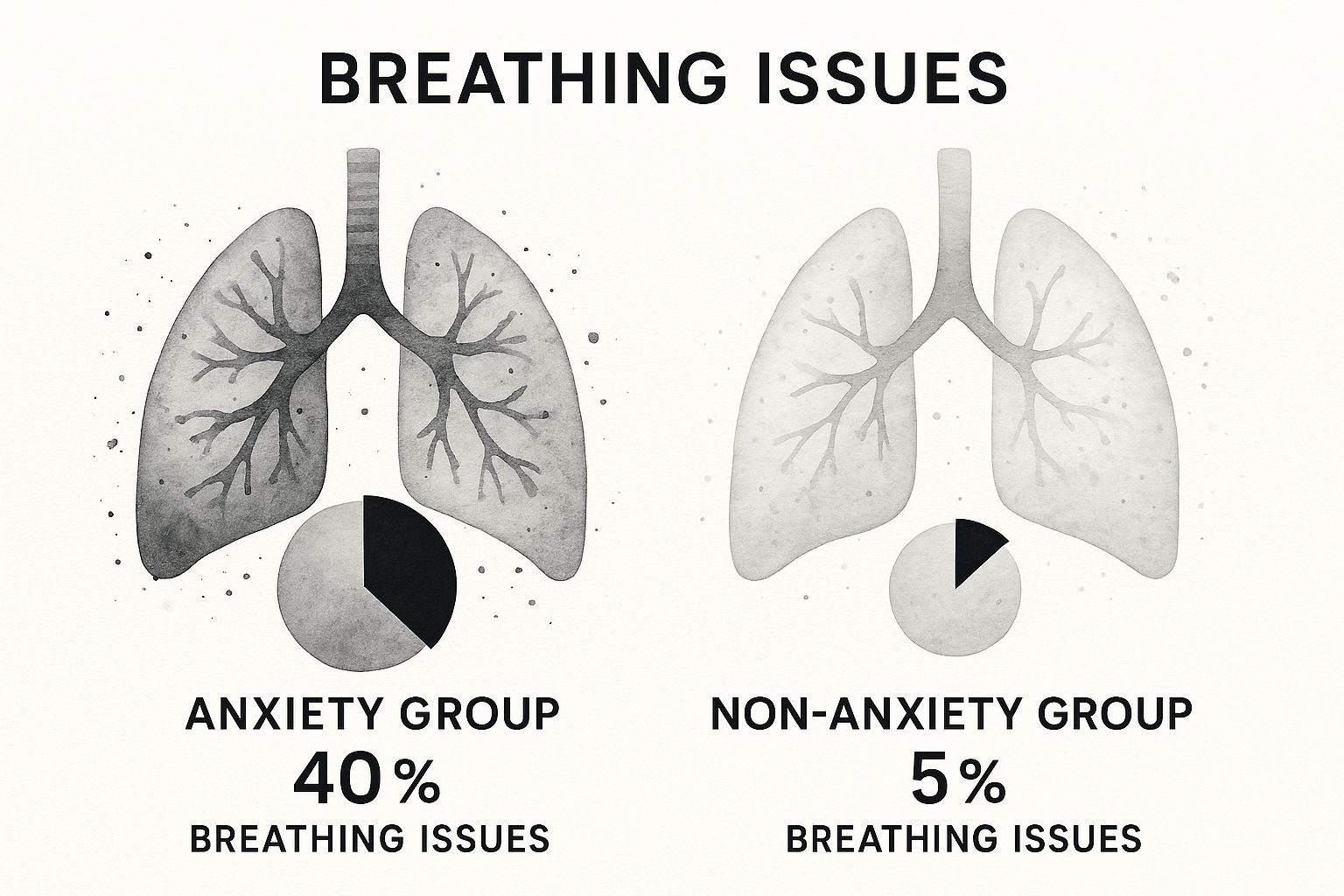 Infographic comparing the prevalence of breathing issues in individuals with and without anxiety, showing 40% in the anxiety group versus 5% in the non-anxiety group.