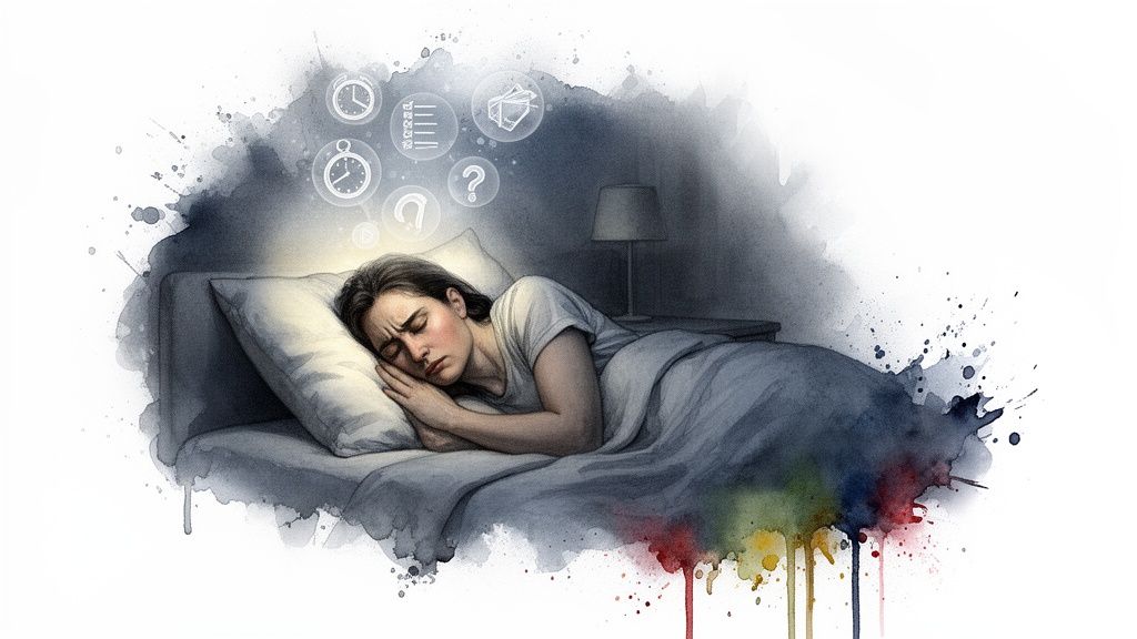 A distressed woman sleeps uneasily in bed, troubled by thoughts of time and uncertainty.