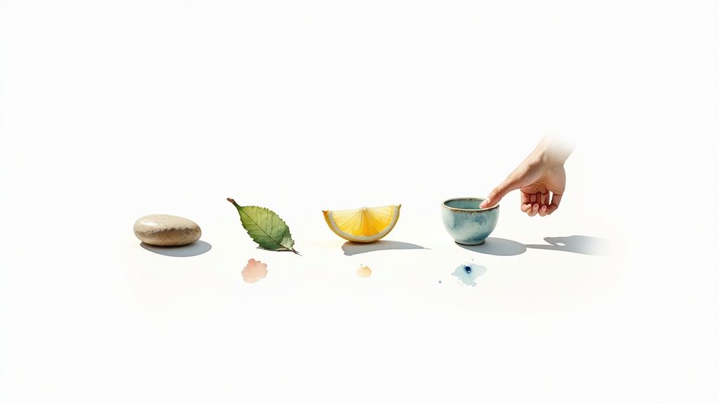 A hand gently touches a blue cup, next to a lemon slice, green leaf, and smooth stone on white.