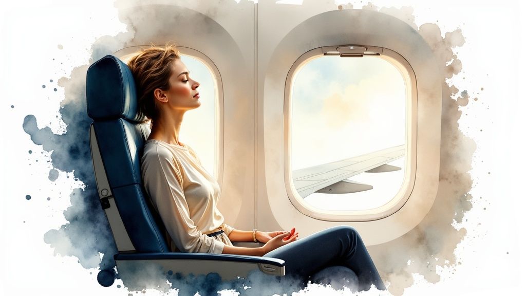 A person looking out an airplane window at the clouds and wing, appearing calm and thoughtful.