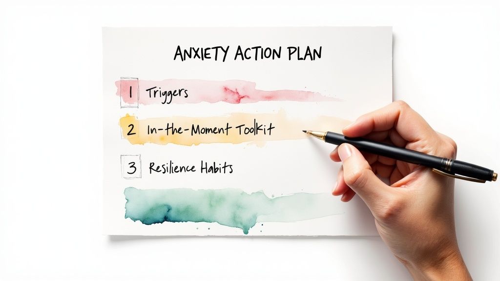 A hand writes on a card titled 'Anxiety Action Plan' with items like 'Triggers' and 'Resilience Habits'.