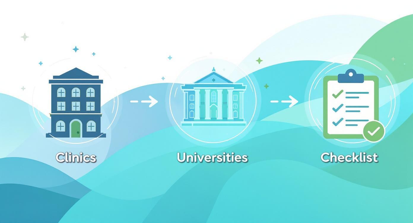 Infographic illustrating a pathway from clinics to universities, leading to a completed checklist.