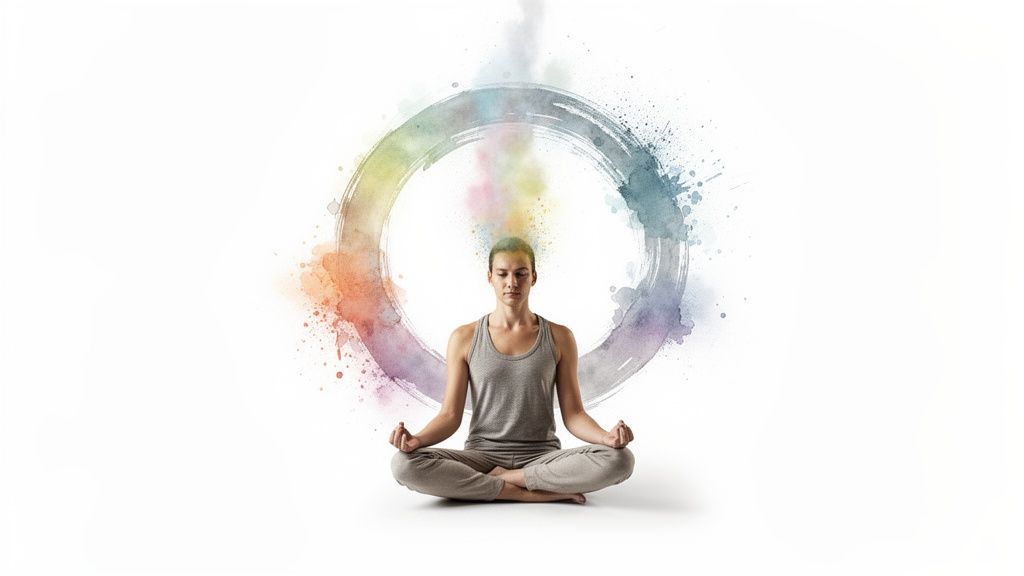 Person meditating in lotus pose with colorful chakra energy circle on a white background.