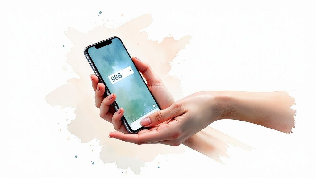 Hands hold a smartphone displaying '988', the national mental health and suicide crisis hotline number.