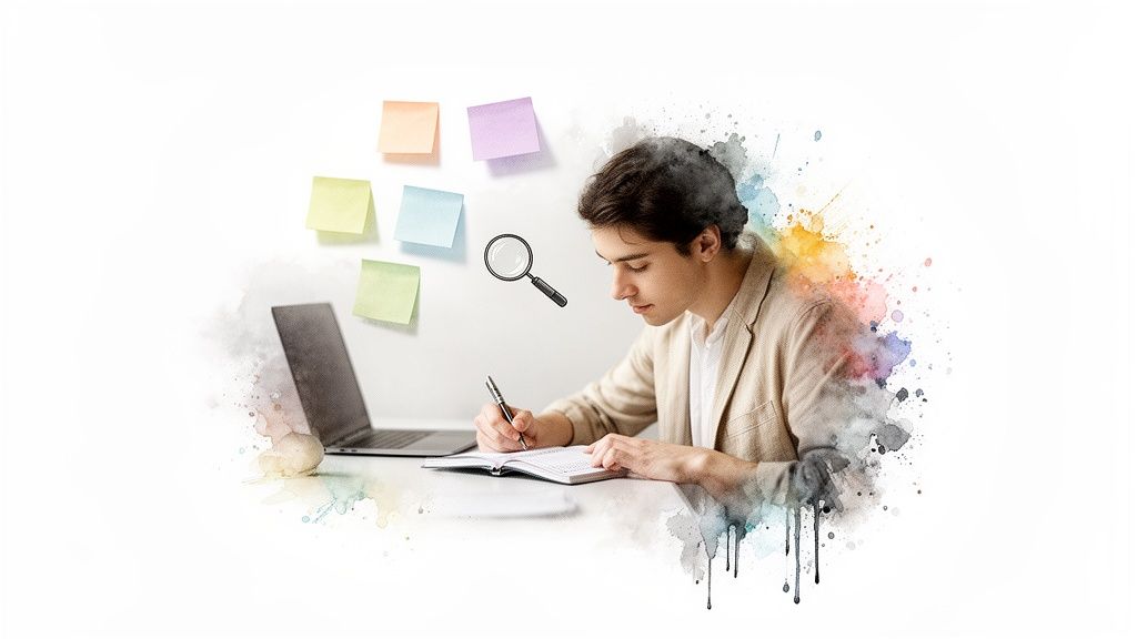 A young man studies at a desk with a laptop, sticky notes, and magnifying glass, artistic watercolor effects.
