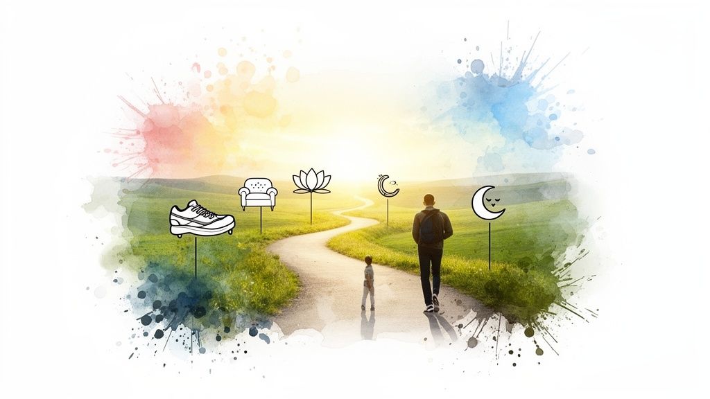 A man and child walk on a path with icons representing life choices, under a bright sky.