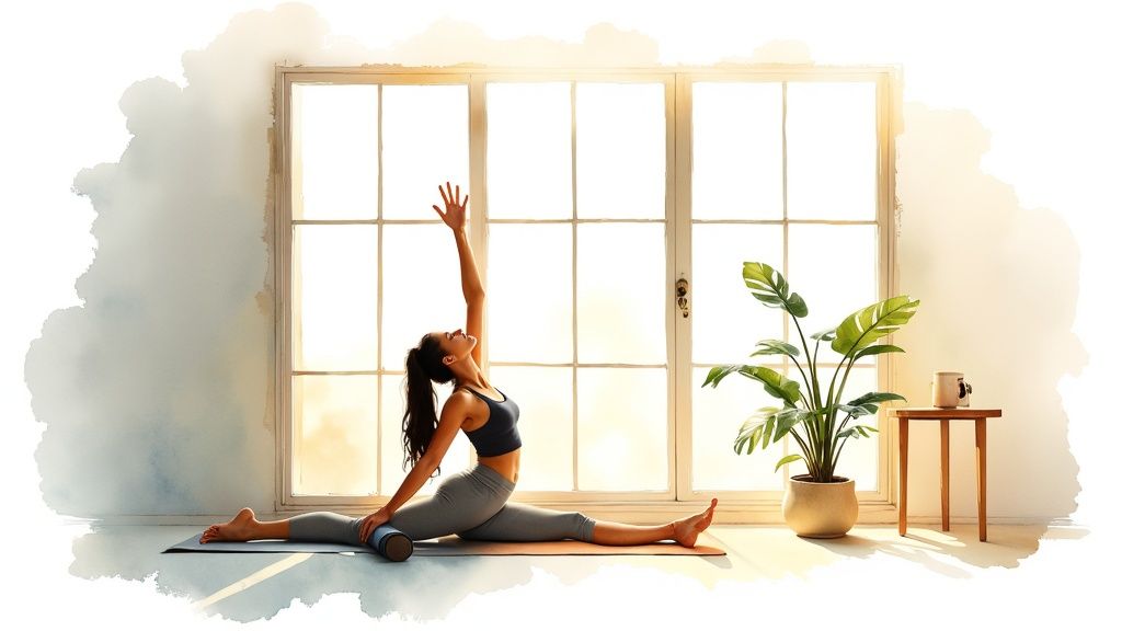 A woman stretches in a yoga split pose with a foam roller on a mat by a sunny window.