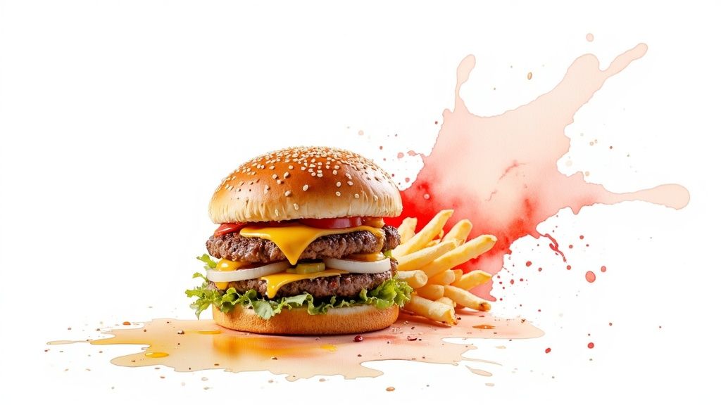 A double cheeseburger with lettuce, tomato, onions, and fries, surrounded by colorful sauce splatters.