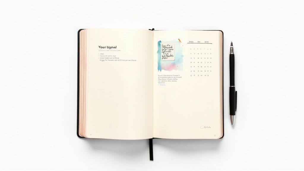 An open black journal lies on a white desk with a black pen, showing notes and a calendar.