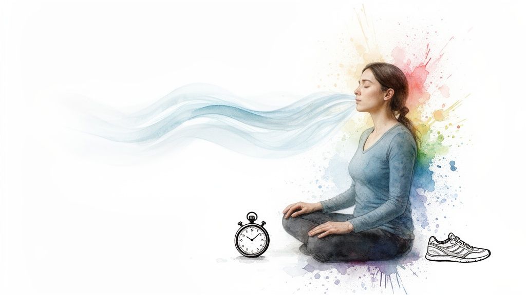 A woman meditating with breath visualized, a stopwatch, and a sneaker, representing mindfulness and exercise.