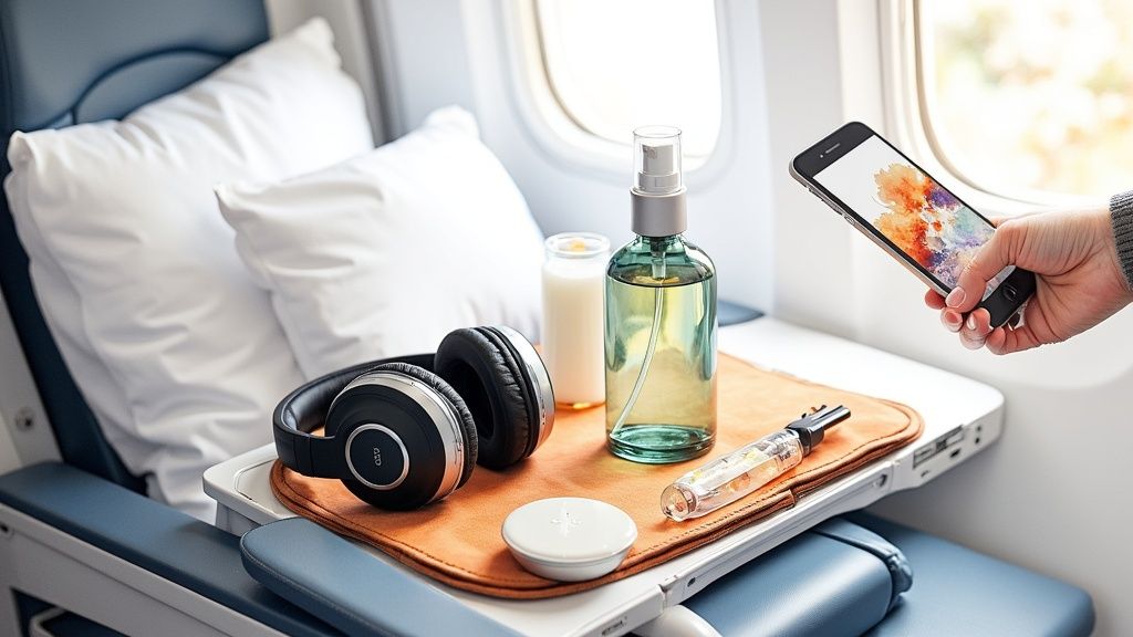 A traveler's open carry-on bag showing neatly packed items like headphones, a book, and a travel pillow.