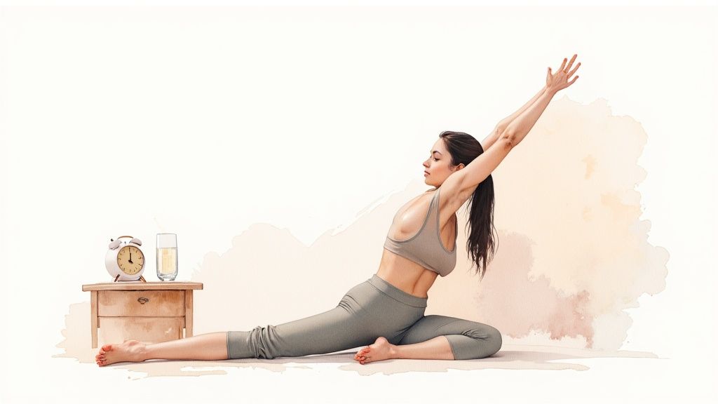 A person calmly stretching on a yoga mat in a sunlit room, embodying a peaceful start to the day.