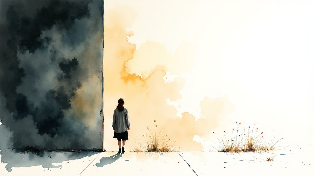 A person meditating peacefully on a rock by a calm lake at sunrise, symbolizing inner peace.