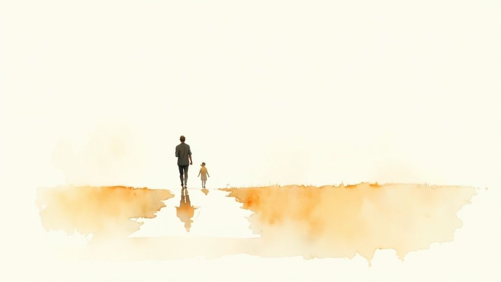 A minimalist watercolor painting showing an adult and a child walking on a reflective path.