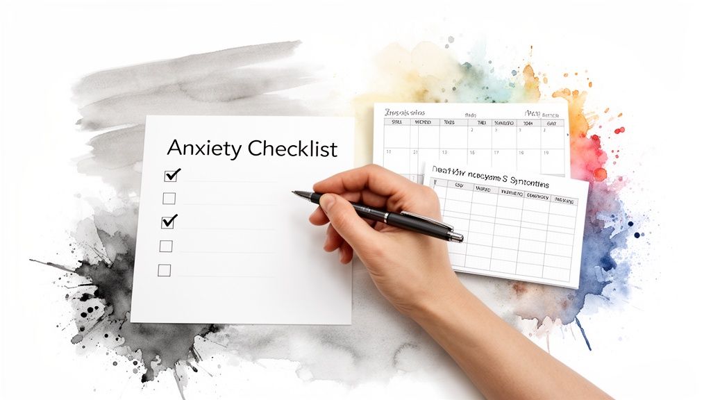 A hand checks off items on an 'Anxiety Checklist' with a pen amidst watercolor splashes.