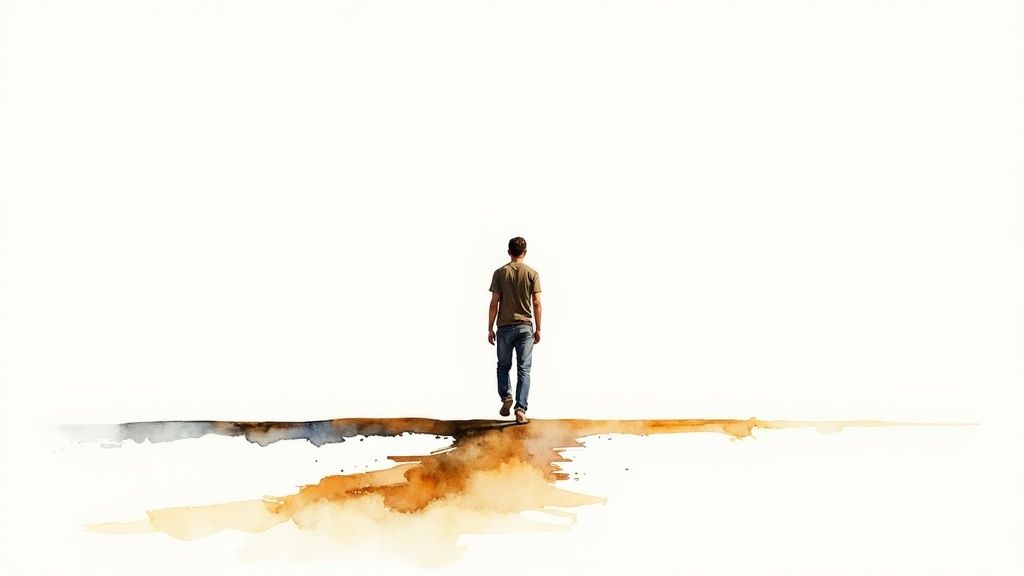 A man walks alone on a watercolor path, back to the viewer, against a stark white background.