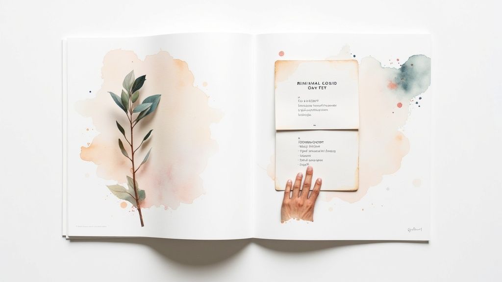 An open book featuring watercolor art: a botanical branch on the left, and a hand pointing at text cards on the right.