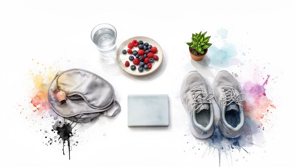 A collection of items for anxiety management, including healthy food, water, sleep aids, and exercise gear.