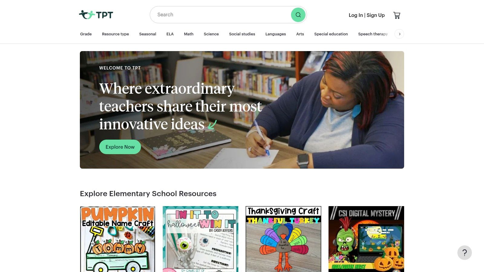 A screenshot of the Teachers Pay Teachers website, showing a search for therapy worksheets with various product listings from different creators.