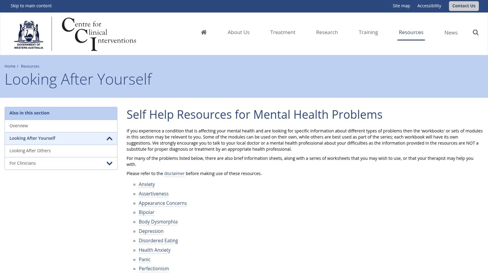 A screenshot of the Centre for Clinical Interventions (CCI) website, showing a list of available self-help resources covering topics like depression, anxiety, and self-esteem.