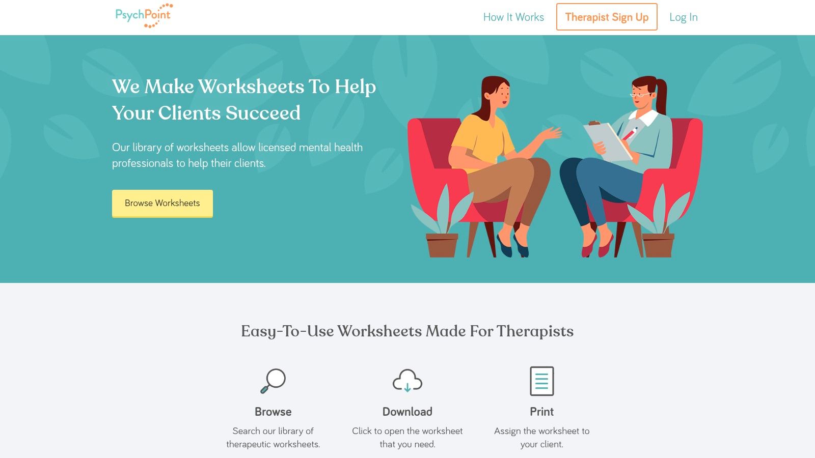 A screenshot of the PsychPoint website homepage, showcasing a grid of worksheet categories like anxiety, depression, and self-esteem.