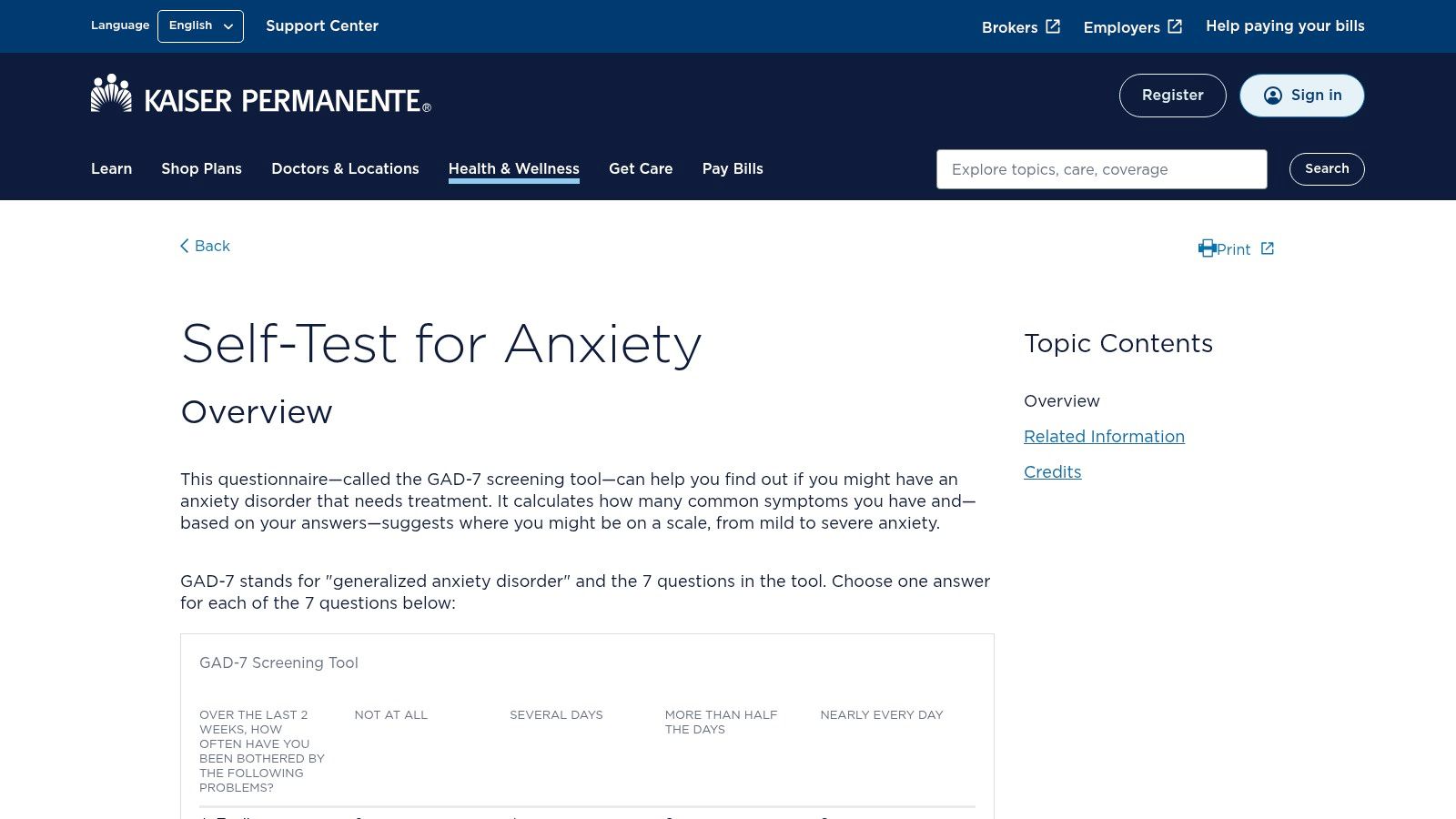 Kaiser Permanente – Self‑Test for Anxiety (GAD-7)