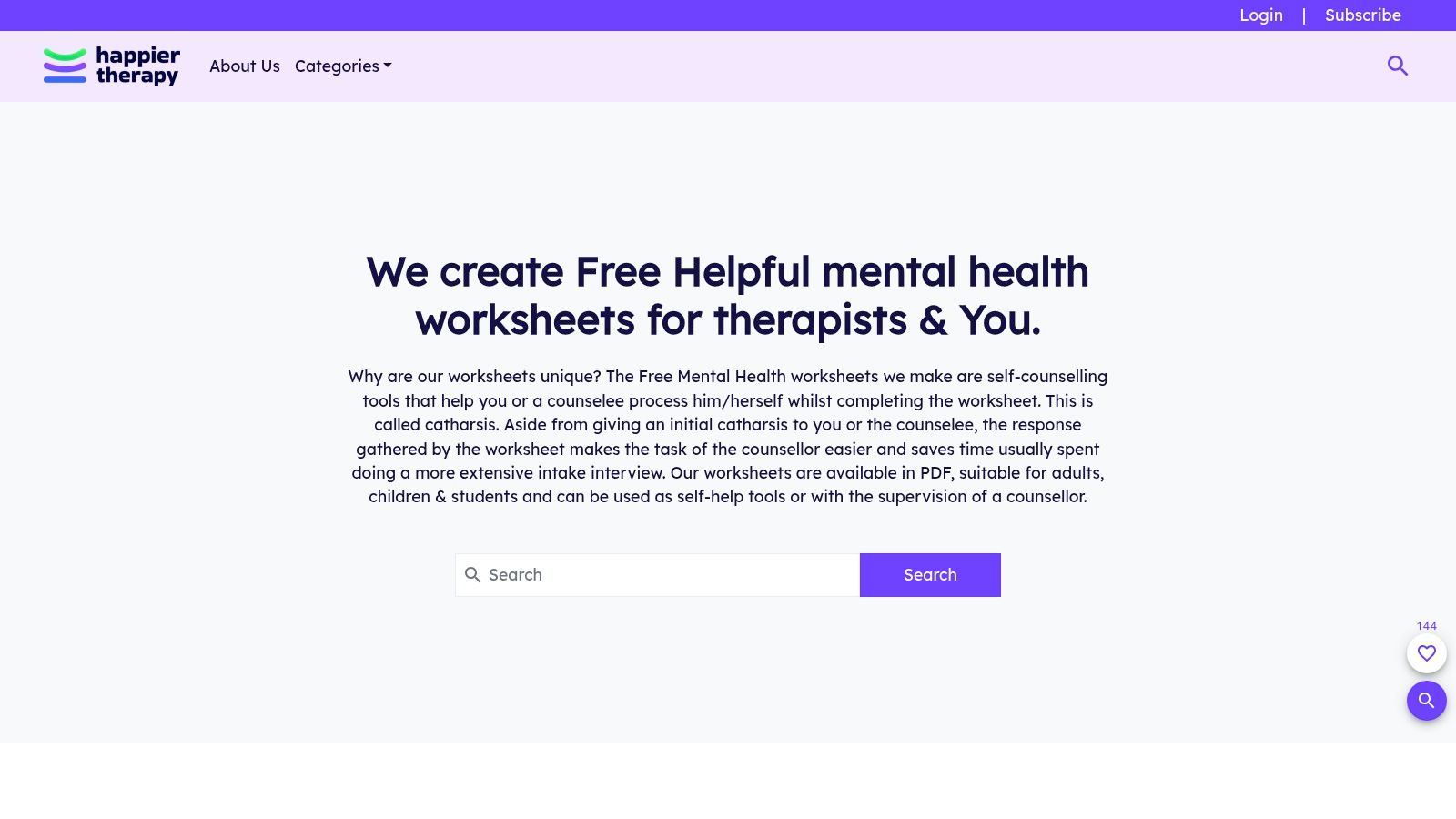 A screenshot of the HappierTHERAPY website showing various mental health resources and worksheets available for download.