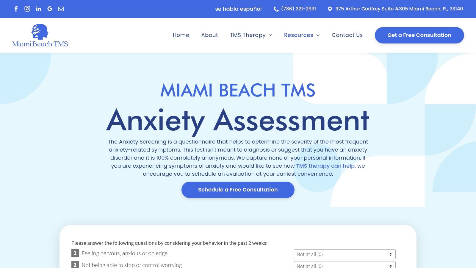 Miami Beach TMS – Free Online Anxiety Assessment (GAD-7)