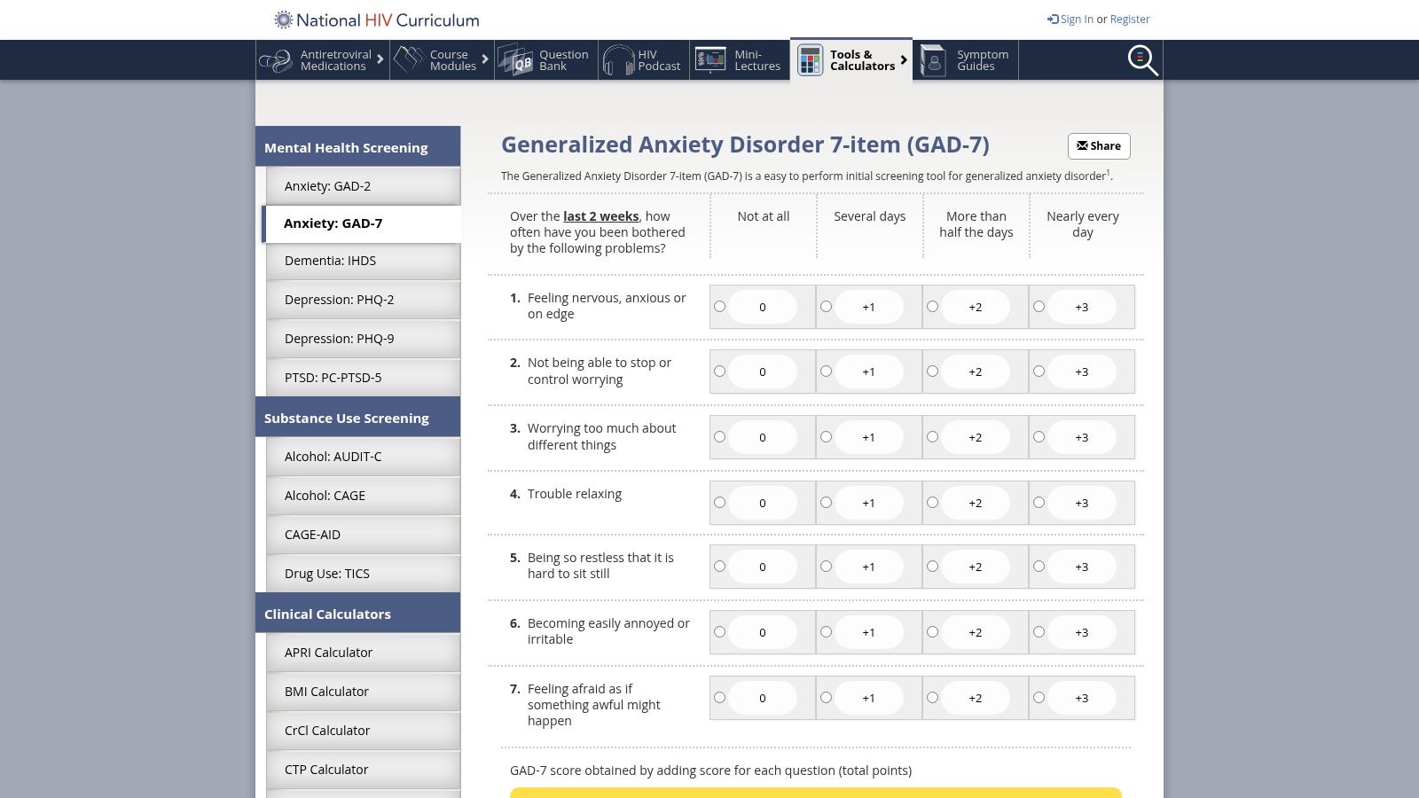 University of Washington (National HIV Curriculum) – GAD-7 Tool