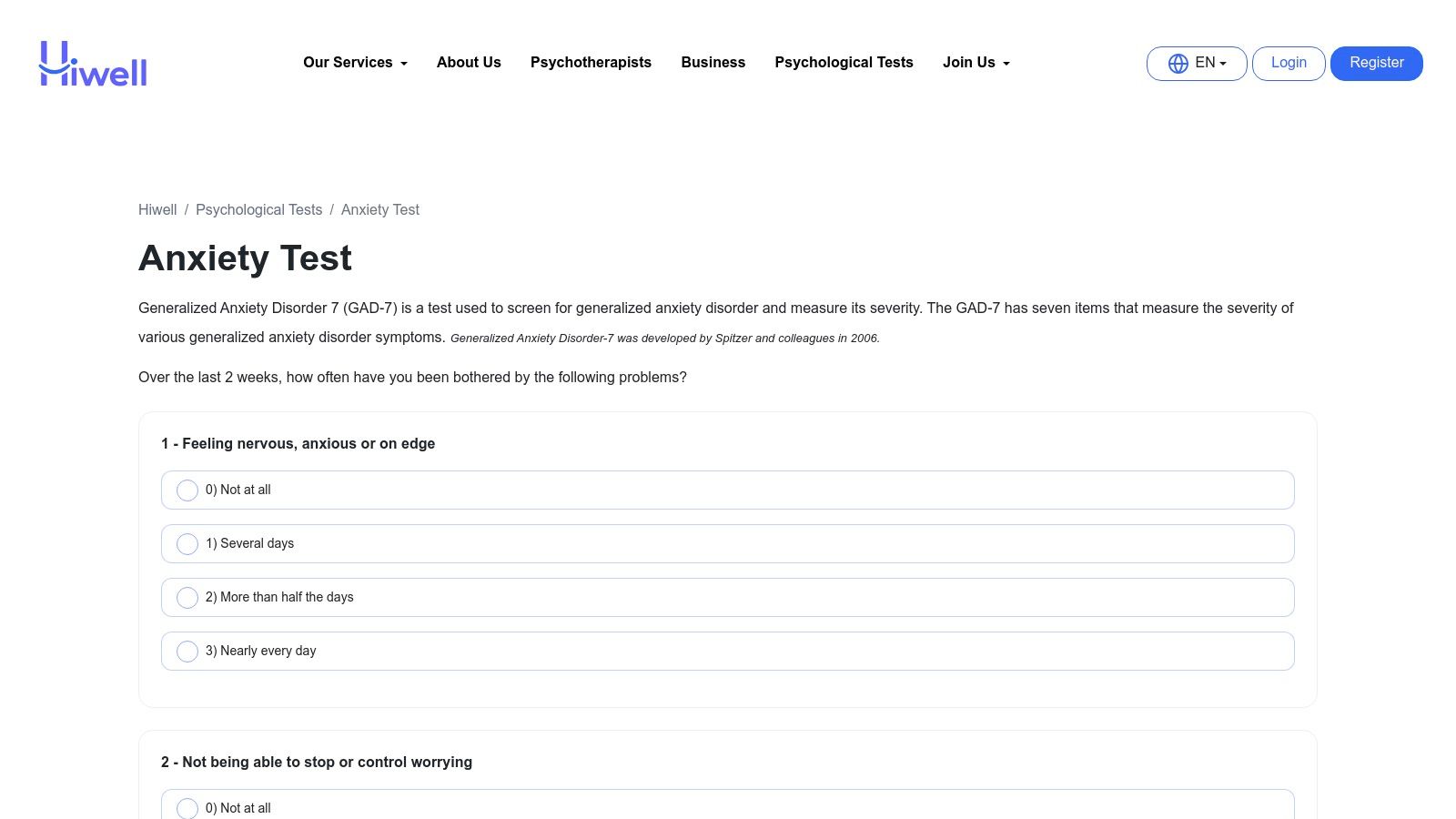 Hiwell – Online Anxiety Test (GAD-7)