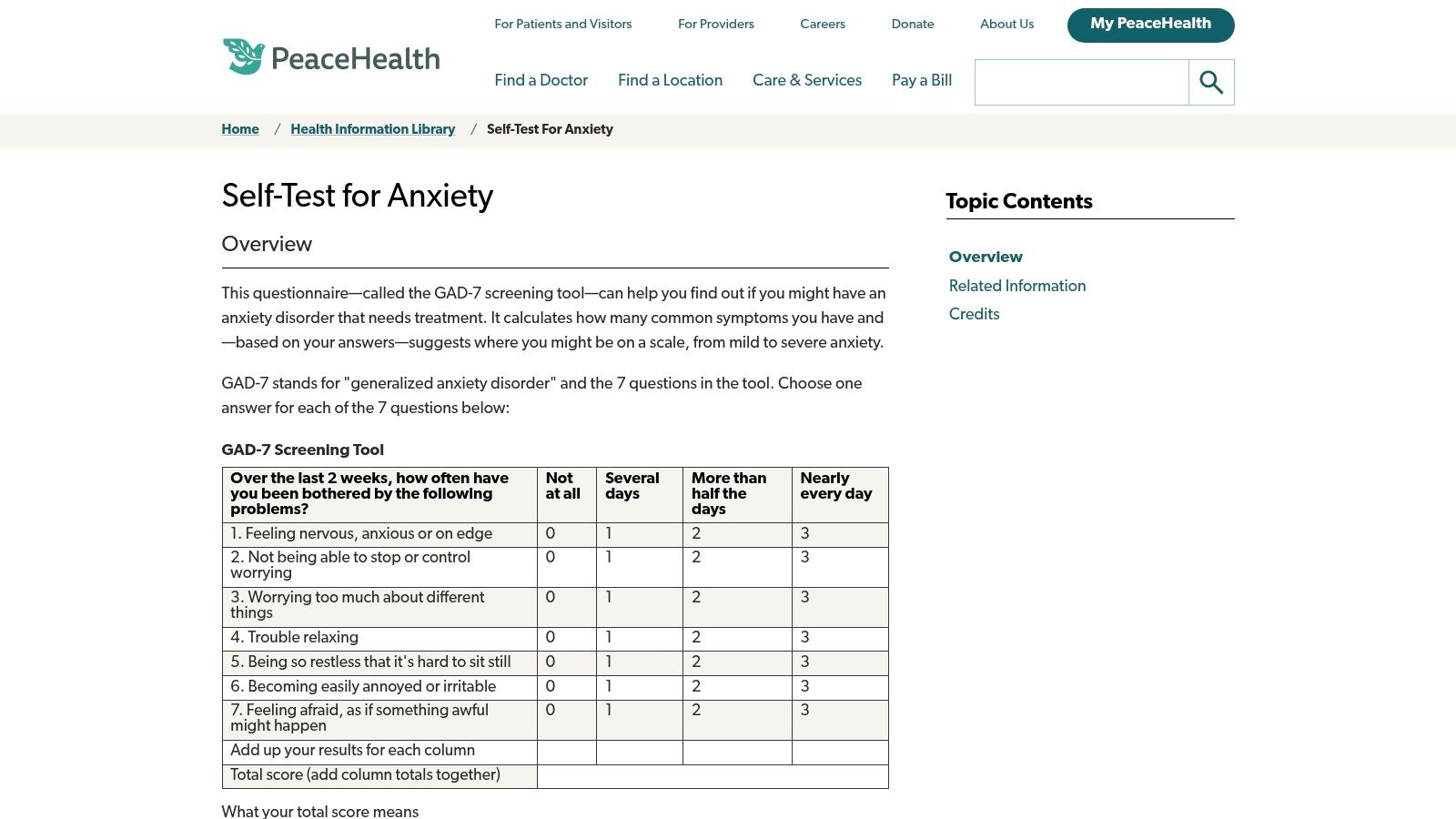 PeaceHealth – Self‑Test for Anxiety (GAD-7)