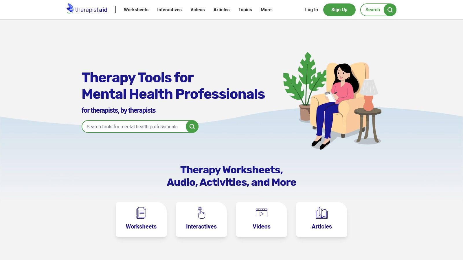A screenshot of the Therapist Aid website homepage, showing a clean layout with a prominent search bar and categories for mental health worksheets.