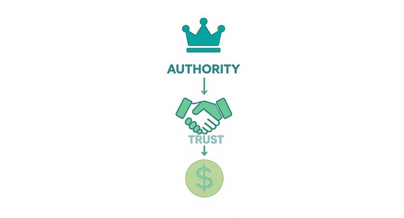 Diagram showing authority leading to trust symbolized by handshake and resulting in monetary success