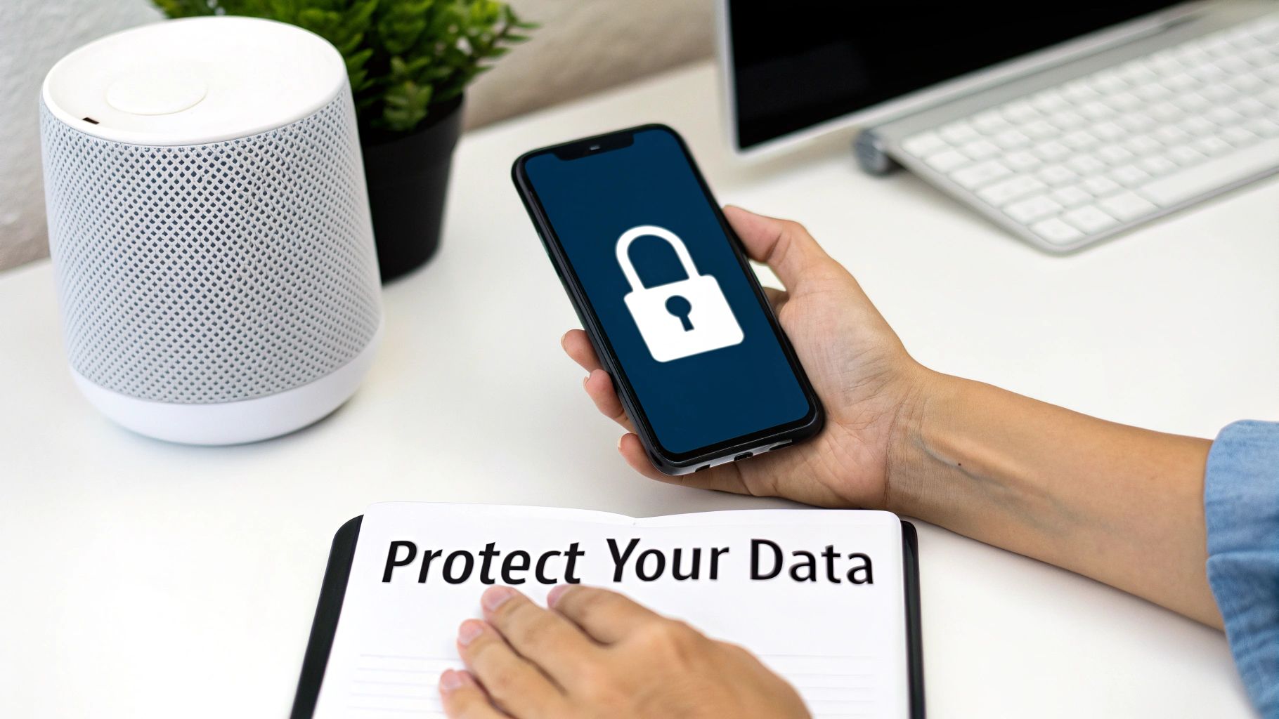 Person holding a smartphone displaying a padlock icon next to a notebook with 'Protect Your Data' text, emphasizing digital security.